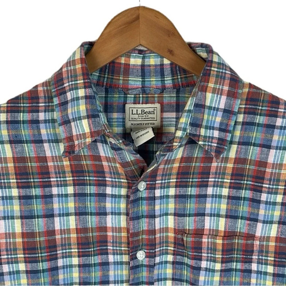 BF1340 Men’s L.L. Bean Slightly Fitted Plaid Preppy 100% LINEN Beach Shirt M - Picture 3 of 5